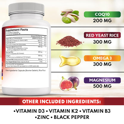 NEW AGE COQ10 200mg + Red Yeast Rice | Omega 3-6-9 Magnesium Complex | Vitamin K2 D3 | 180 Count
