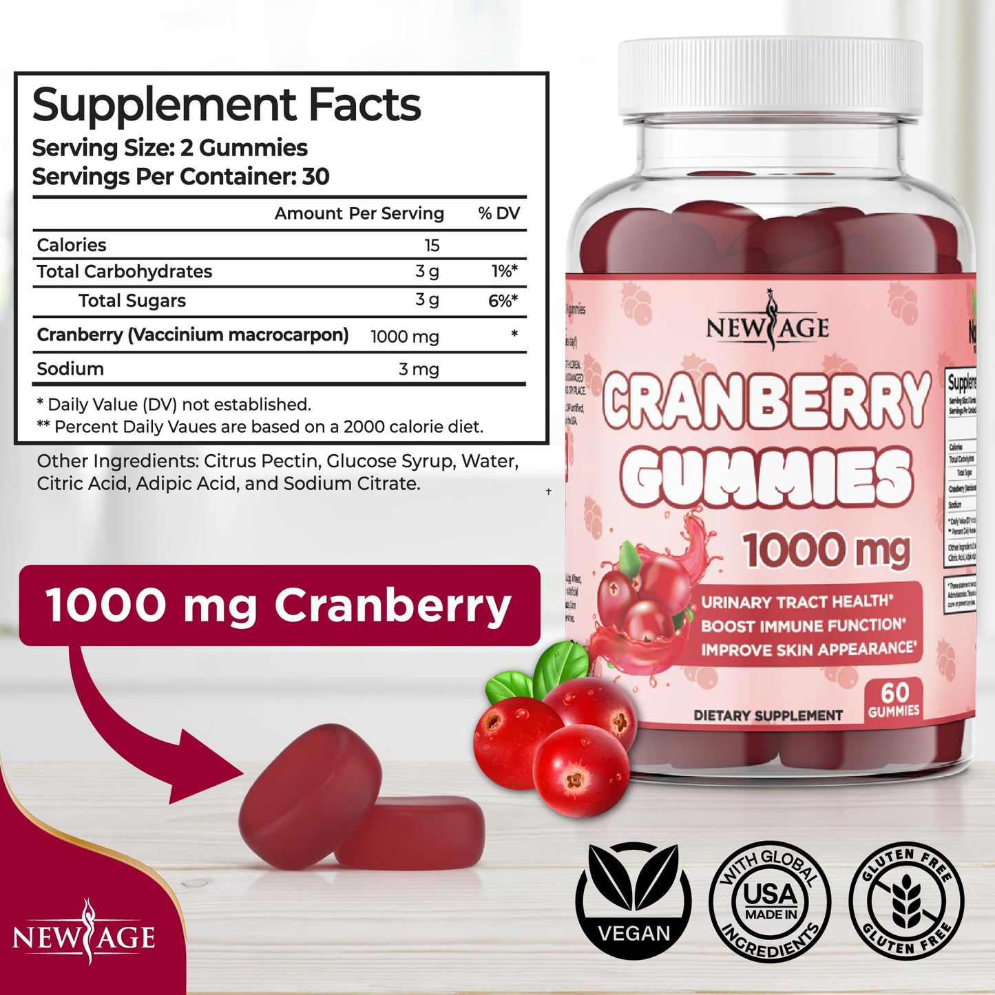 NEW AGE Cranberry Gummies – Urinary Tract Health, 1000mg, 180 Gummies (Vegetarian)