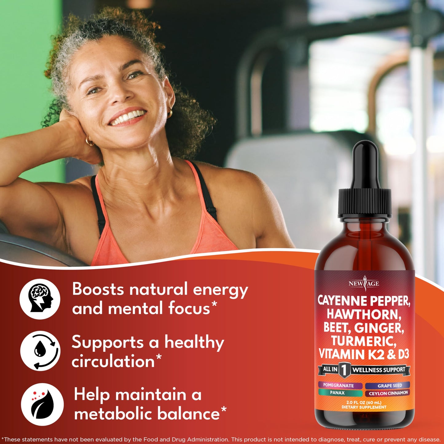 NEW AGE Cayenne Pepper Liquid Drops with Hawthorn Berry, D3 K2, Beet Root, Cinnamon, Turmeric, and Ginseng – 8 oz