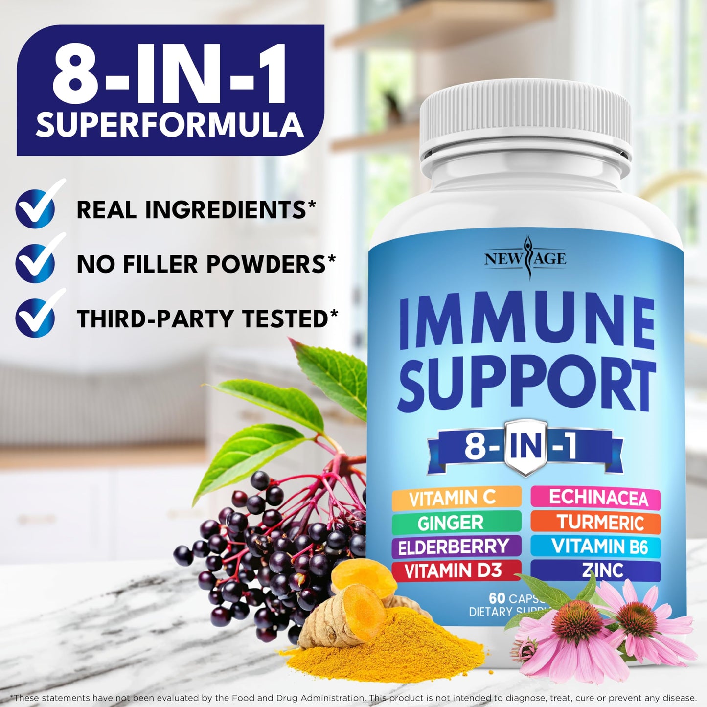 NEW AGE 8 in 1 Immune Support Booster – Vitamin D 5000 IU, Vitamin C 1000 mg, Zinc 50 mg, Elderberry & Echinacea – 180 Capsules (Pack of 3)