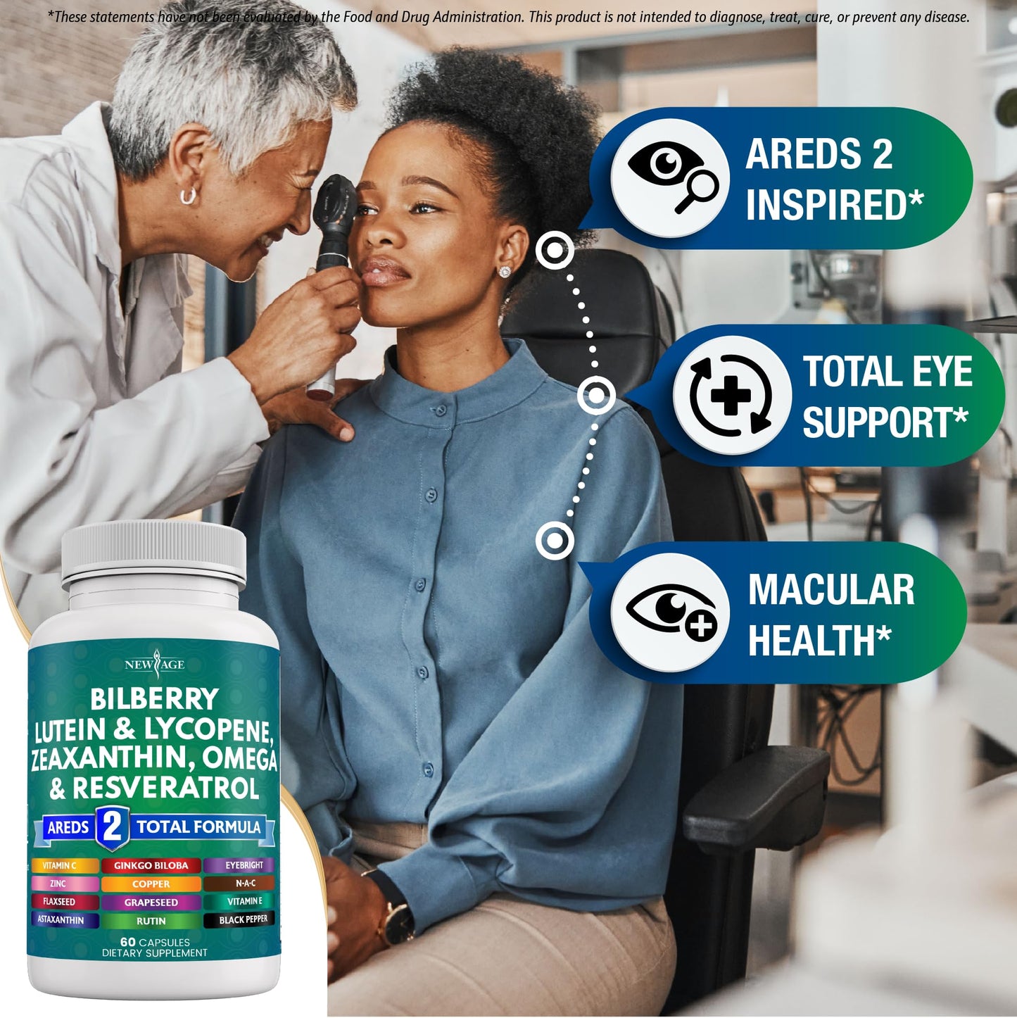 NEW AGE Eye Health Vitamins with Bilberry 300mg Lutein & Zeaxanthin 40mg Lycopene 40mg Resveratrol 100mg Grape Seed Extract 200mg Astaxanthin - Eye Vitamin -120 Count