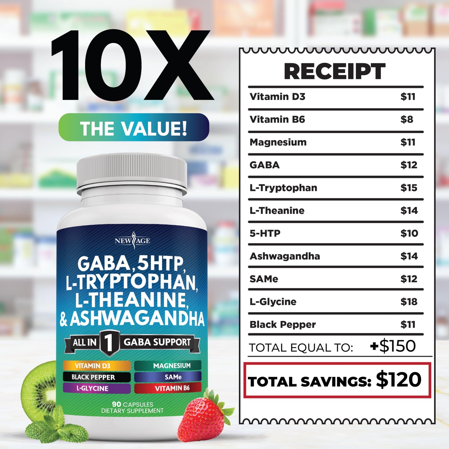 NEW AGE GABA 750mg with 5-HTP & L-Theanine 200mg - 180 Count