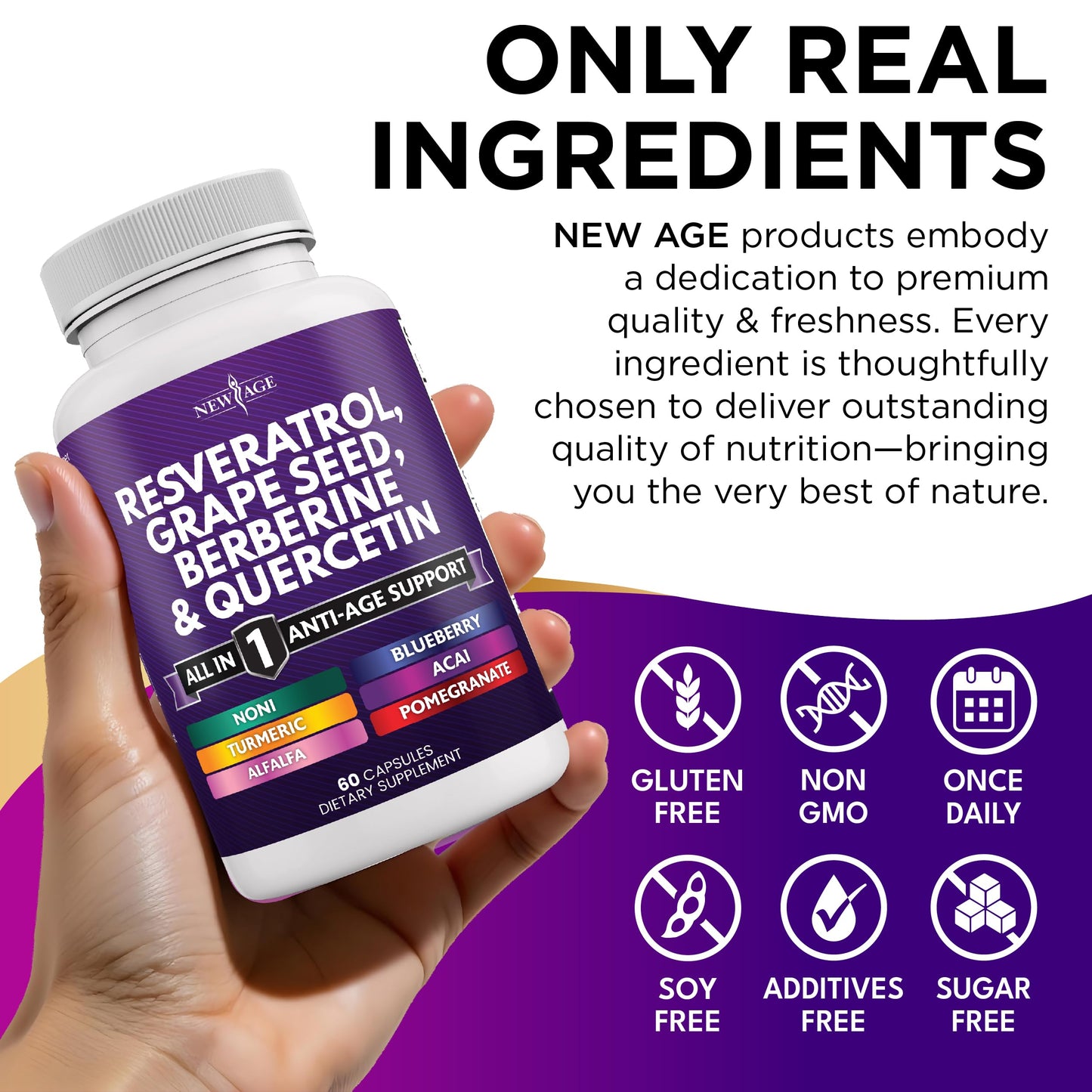 NEW AGE Resveratrol Berberine Grape Seed Polyphenol Supplement – 120 Capsules (Women & Men) with Noni, NAC & Acai