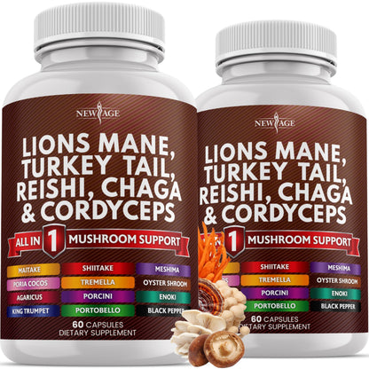 NEW AGE Lions Mane Mushroom Supplement with Turkey Tail, Reishi, Cordyceps, Chaga + Marshmallow Root – 120 Count