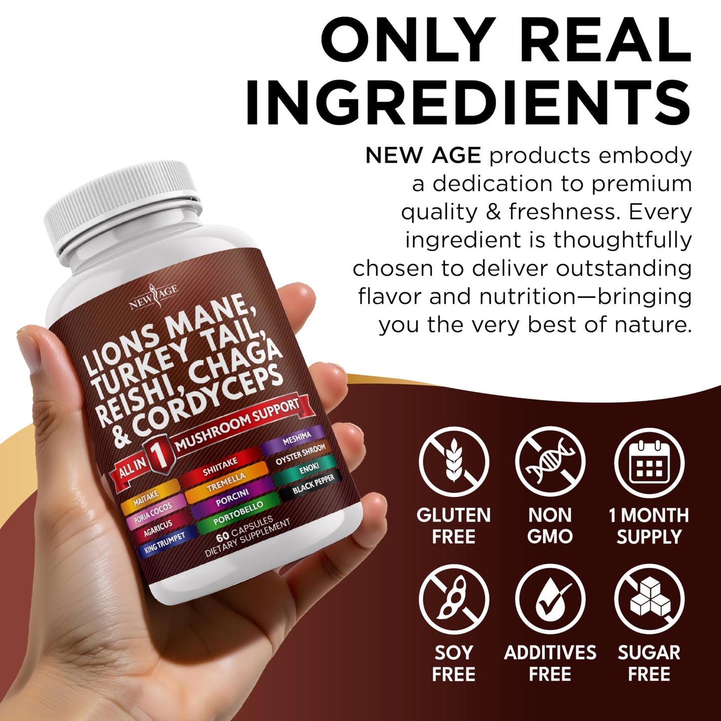 NEW AGE Lions Mane Mushroom Supplement with Turkey Tail, Reishi, Cordyceps, Chaga + Marshmallow Root – 120 Count