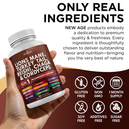 NEW AGE Lions Mane Mushroom Supplement with Turkey Tail, Reishi, Cordyceps, Chaga + Marshmallow Root – 120 Count