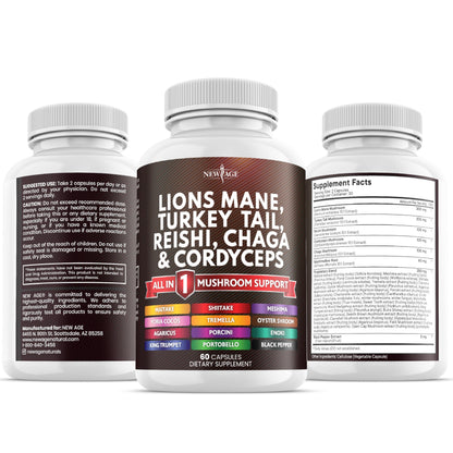 NEW AGE Lions Mane Mushroom Supplement with Turkey Tail, Reishi, Cordyceps, Chaga + Marshmallow Root – 120 Count