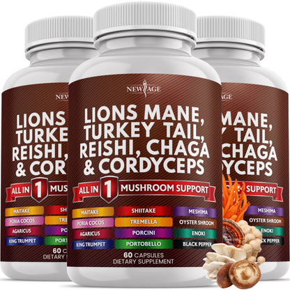 NEW AGE Lions Mane 20-in-1 Mushroom Supplement with Turkey Tail, Reishi, Chaga, Cordyceps, Marshmallow Root – 180 Count
