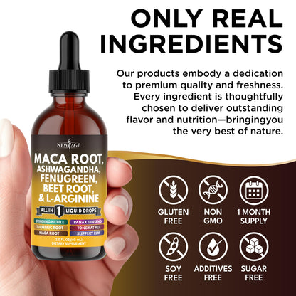NEW AGE Organic Maca Root Liquid Drops with Ashwagandha, Nettle, Fenugreek, Beet Root & L-Arginine – 8oz