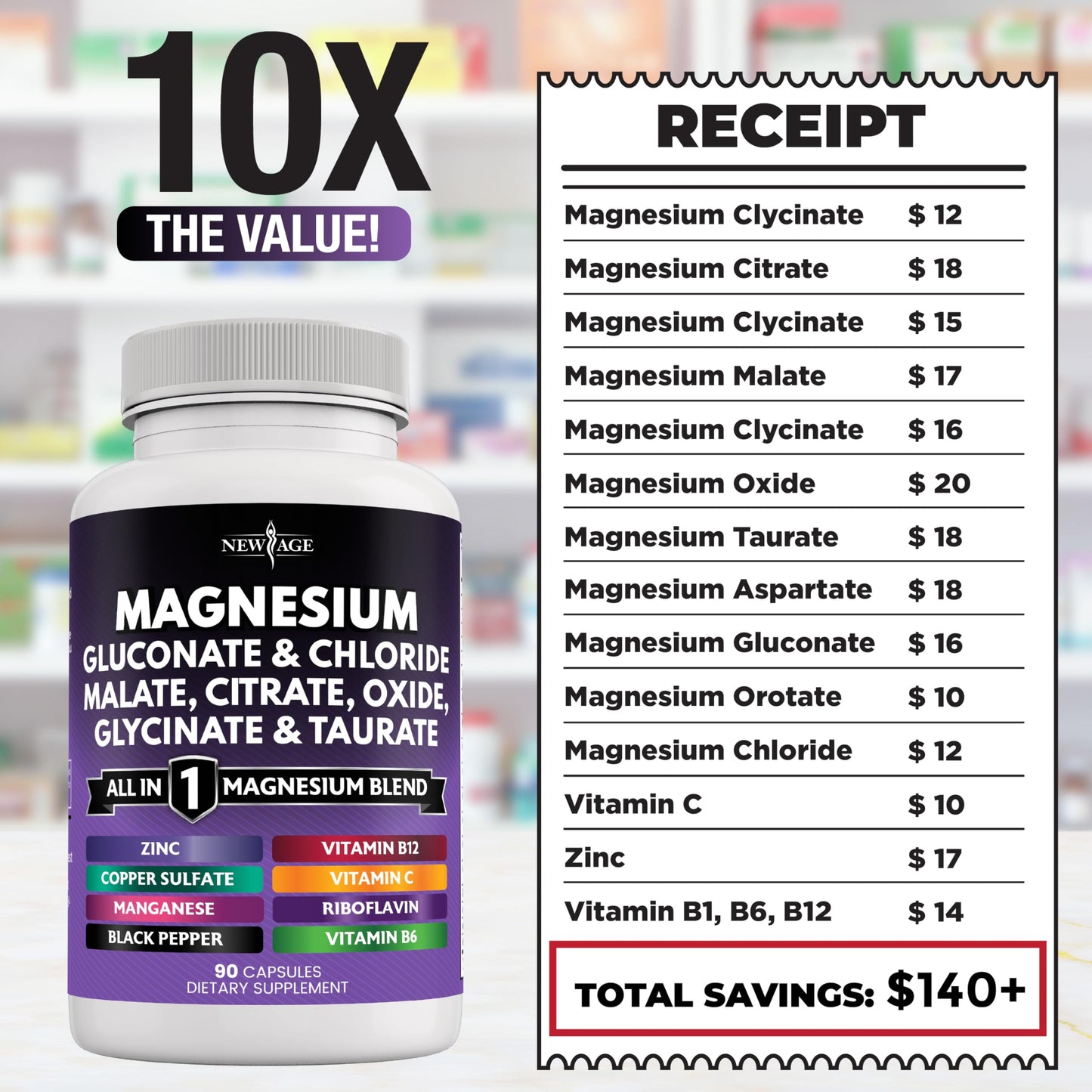 NEW AGE Magnesium Supplement - 2200mg of Glycinate, Citrate, Malate, Oxide, Taurate & More for Bone & Joint Support | 180 Count