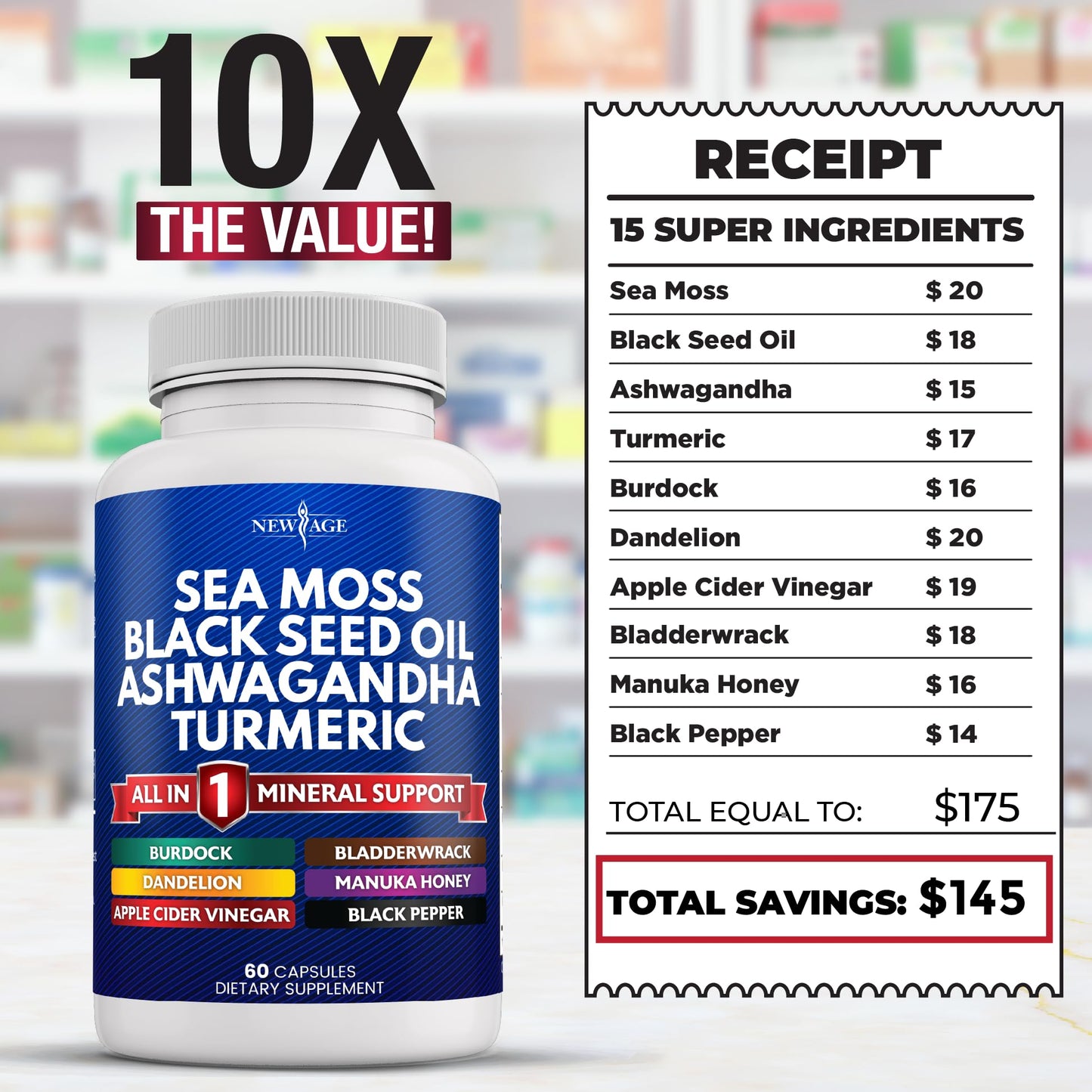 NEW AGE Sea Moss Capsules with Black Seed Oil, Ashwagandha & Turmeric – Gluten Free