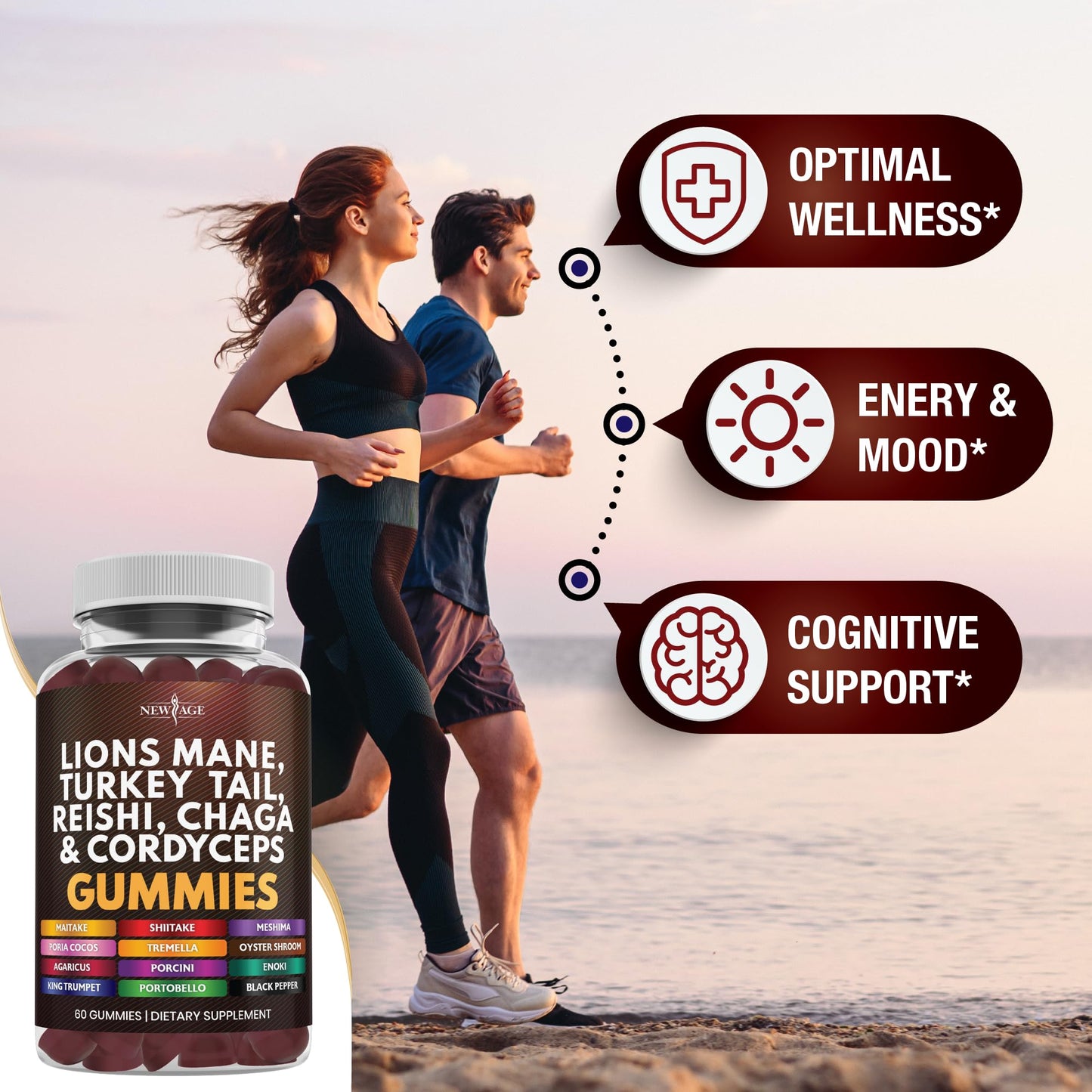 NEW AGE Mushroom Lion's Mane Gummies - 180 Count | 20+ Mushrooms, Reishi, Cordyceps | Made in USA