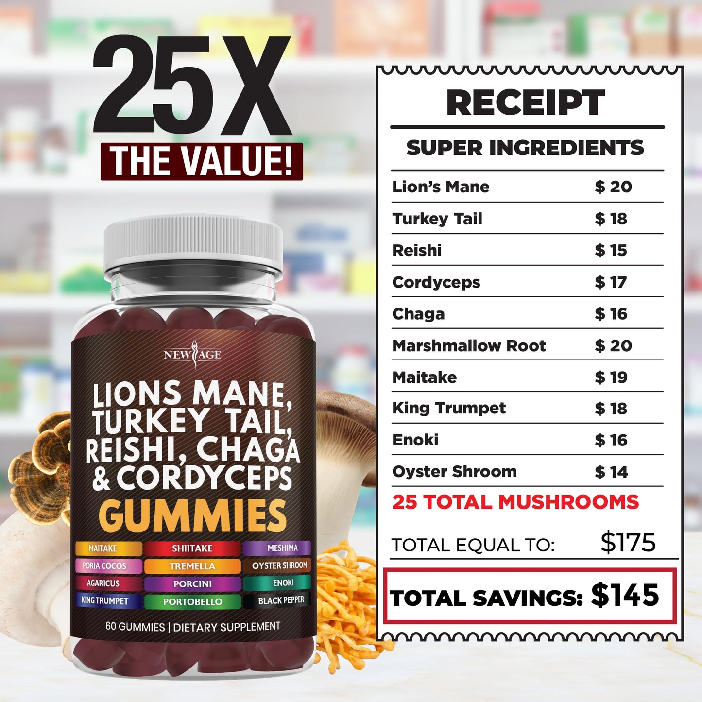 NEW AGE Mushroom Lion's Mane Gummies - 180 Count | 20+ Mushrooms, Reishi, Cordyceps | Made in USA