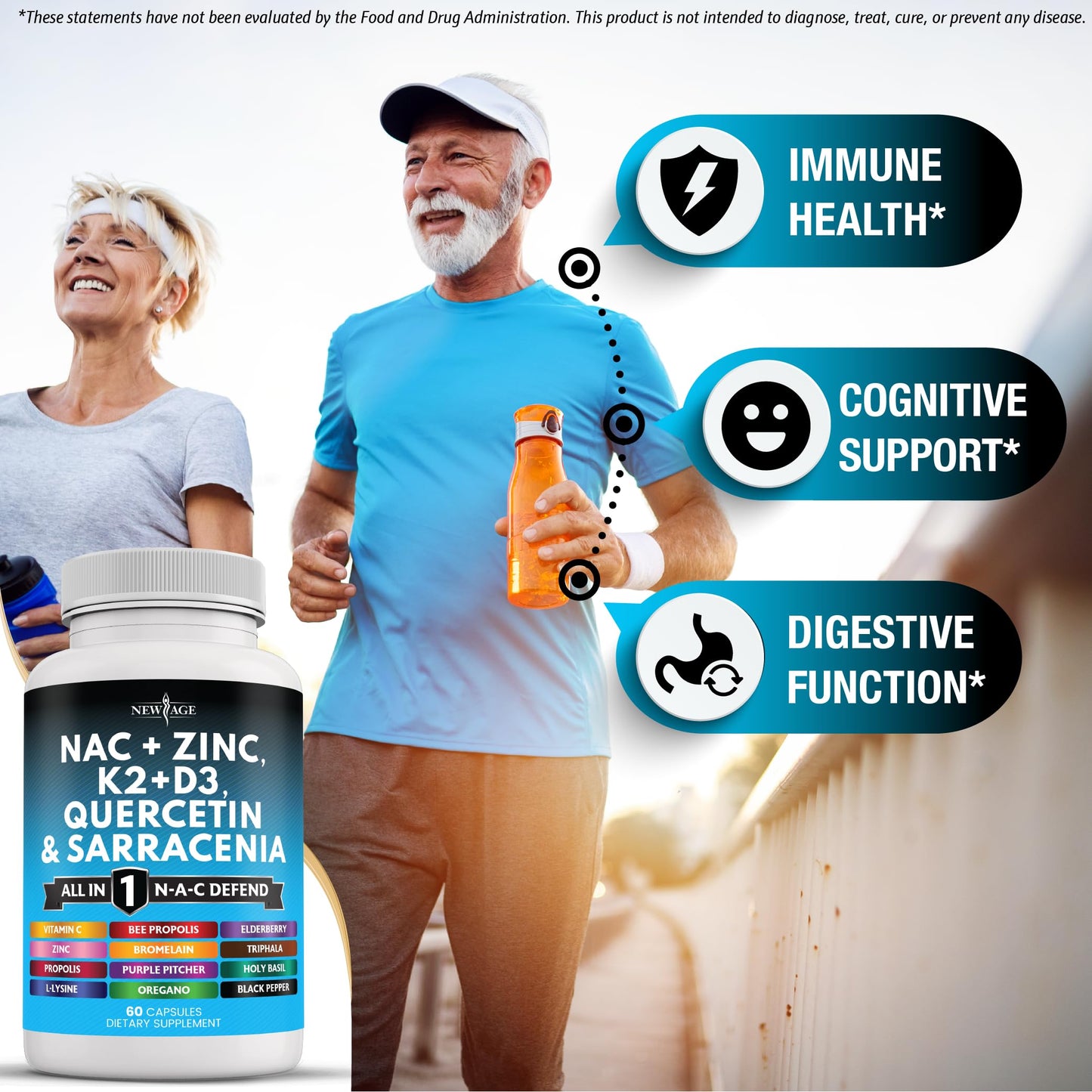 New Age NAC Supplement – N-Acetyl Cysteine with D3 & K2 | 60 Count
