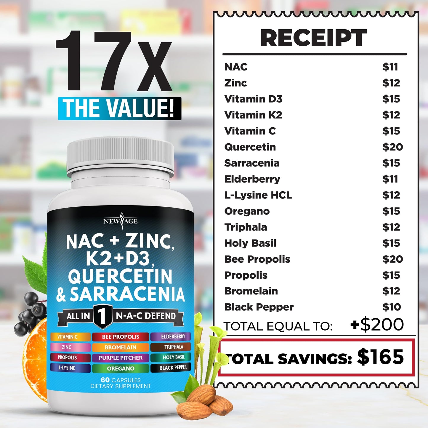 New Age NAC Supplement – N-Acetyl Cysteine with Vitamin D3, K2 & Zinc (120 ct)