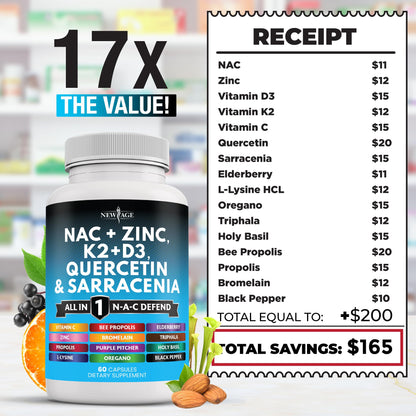 New Age NAC Supplement – N-Acetyl Cysteine with Vitamin D3, K2 & Zinc (120 ct)