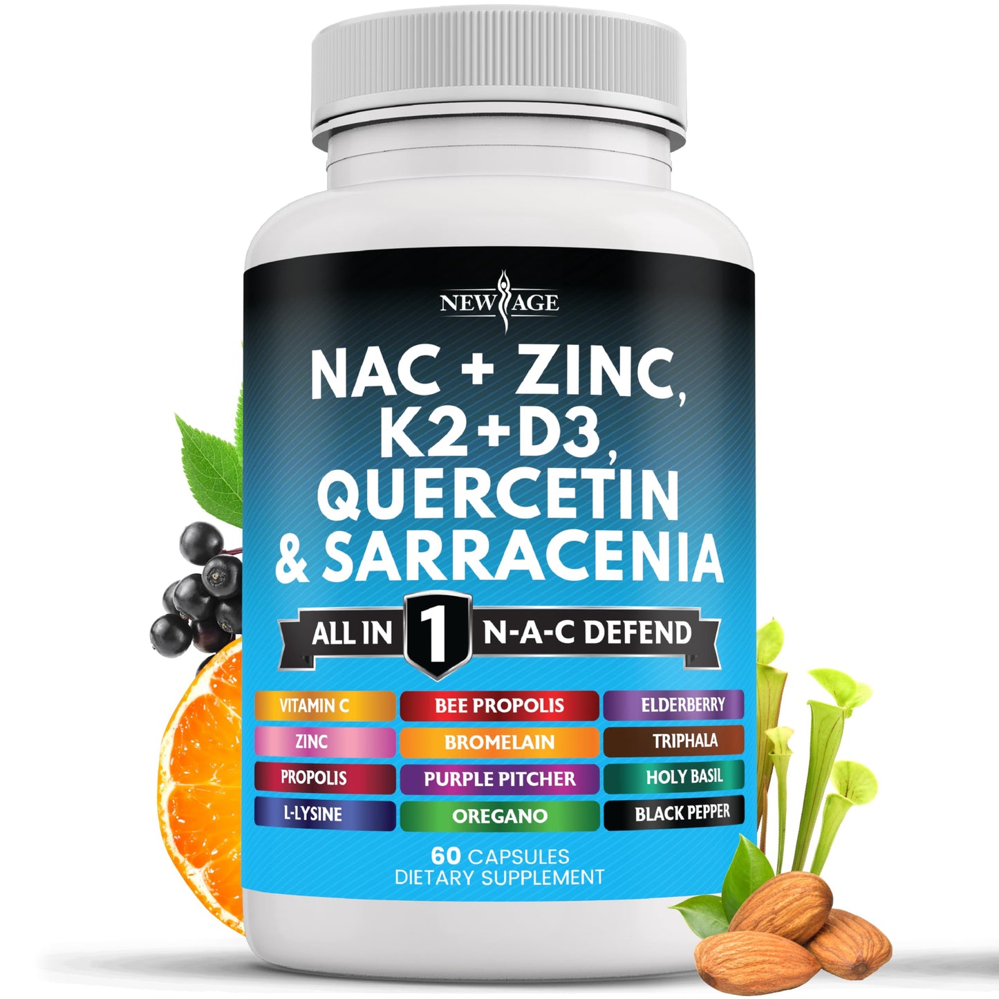 New Age NAC Supplement – N-Acetyl Cysteine with D3 & K2 | 60 Count