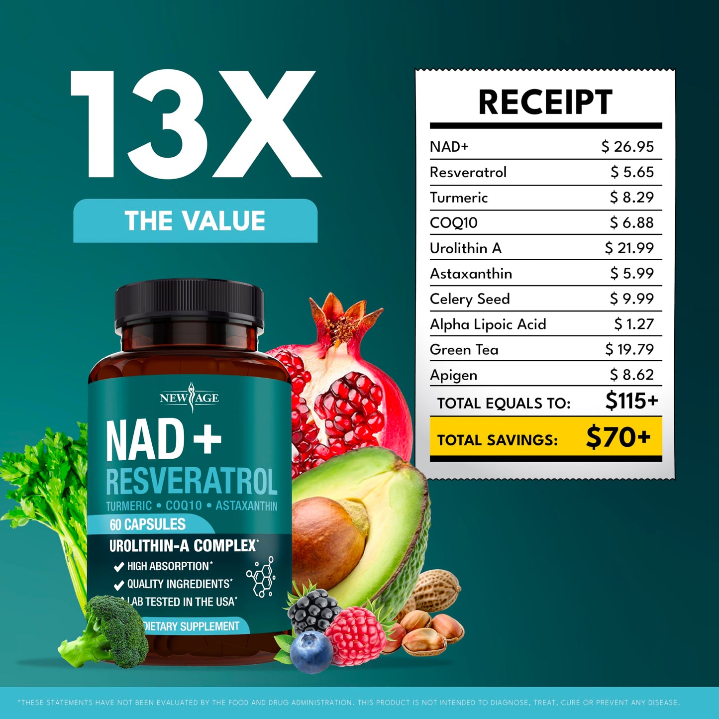 NEW AGE NAD+ Supplement Complex – 300 mg NAD+, Astaxanthin, Urolithin A, Resveratrol & CoQ10 – Vegan, Non-GMO