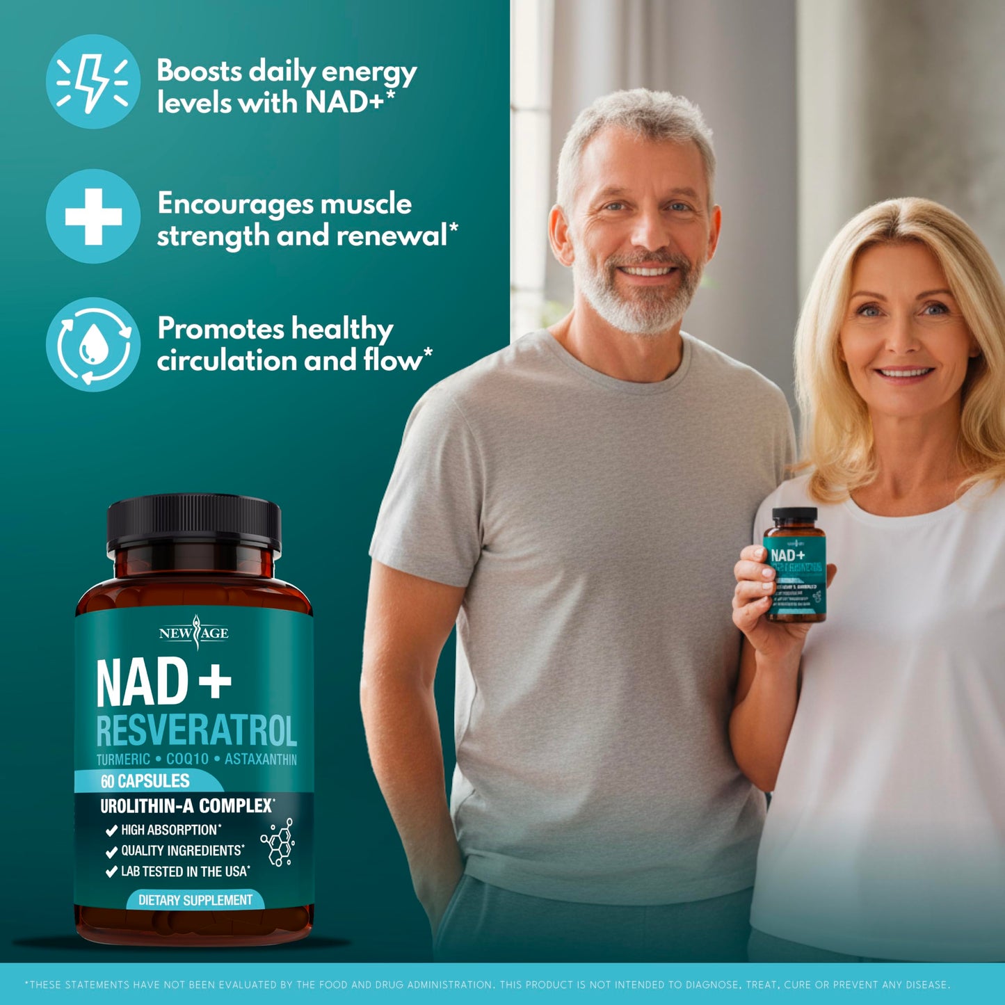 NEW AGE NAD+ Supplement Complex – 300 mg NAD+, Astaxanthin, Urolithin A, Resveratrol & CoQ10 – Vegan, Non-GMO