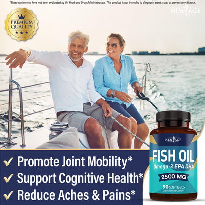 NEW AGE Omega 3 Fish Oil 2500mg Supplement - Non-GMO, Gluten Free | EPA & DHA 180 Softgels (Pack of 2)