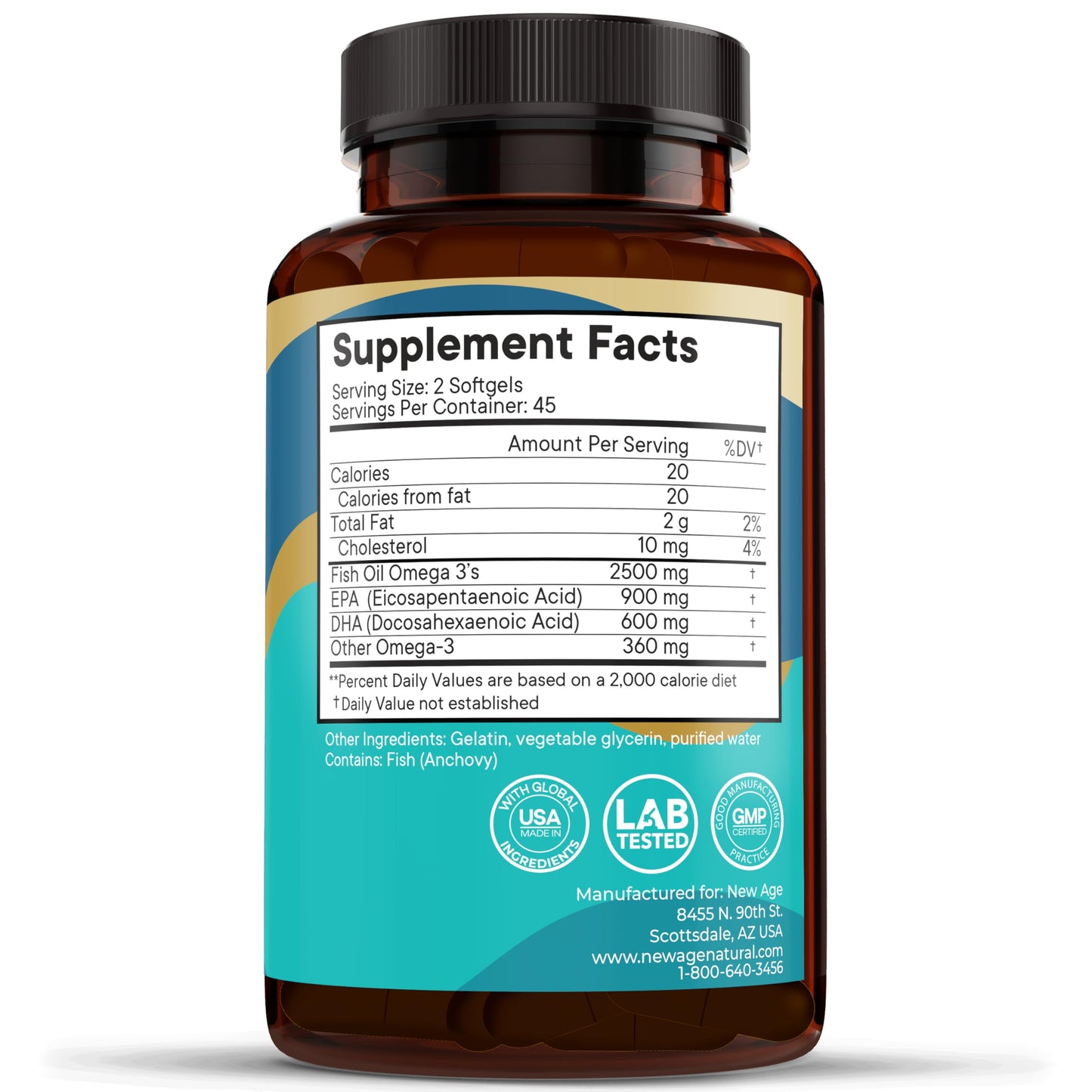 NEW AGE Omega 3 Fish Oil 2500mg Supplement - Non-GMO, Gluten Free | EPA & DHA 180 Softgels (Pack of 2)