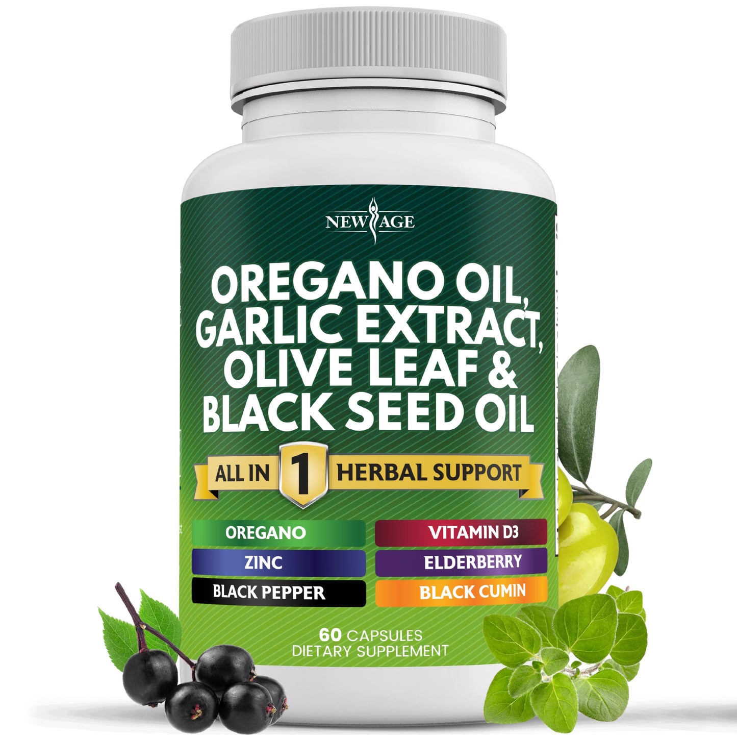 NEW AGE Oregano Oil Garlic Extract Olive Leaf with Astragalus – 60 Count