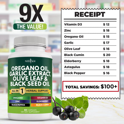 NEW AGE Oregano Oil Garlic Extract Olive Leaf with Astragalus – 60 Count