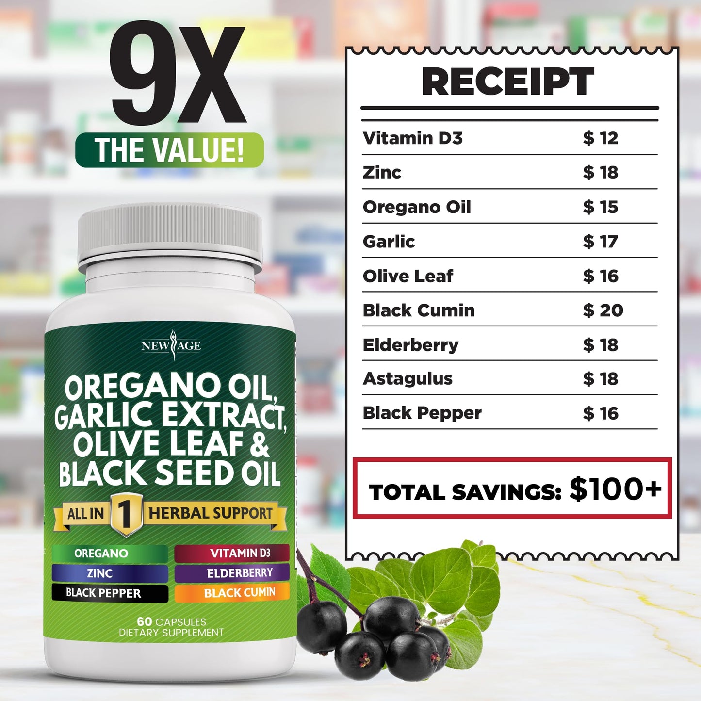 NEW AGE Oregano Oil Garlic Extract Olive Leaf with Astragalus – 180 Count for Men & Women