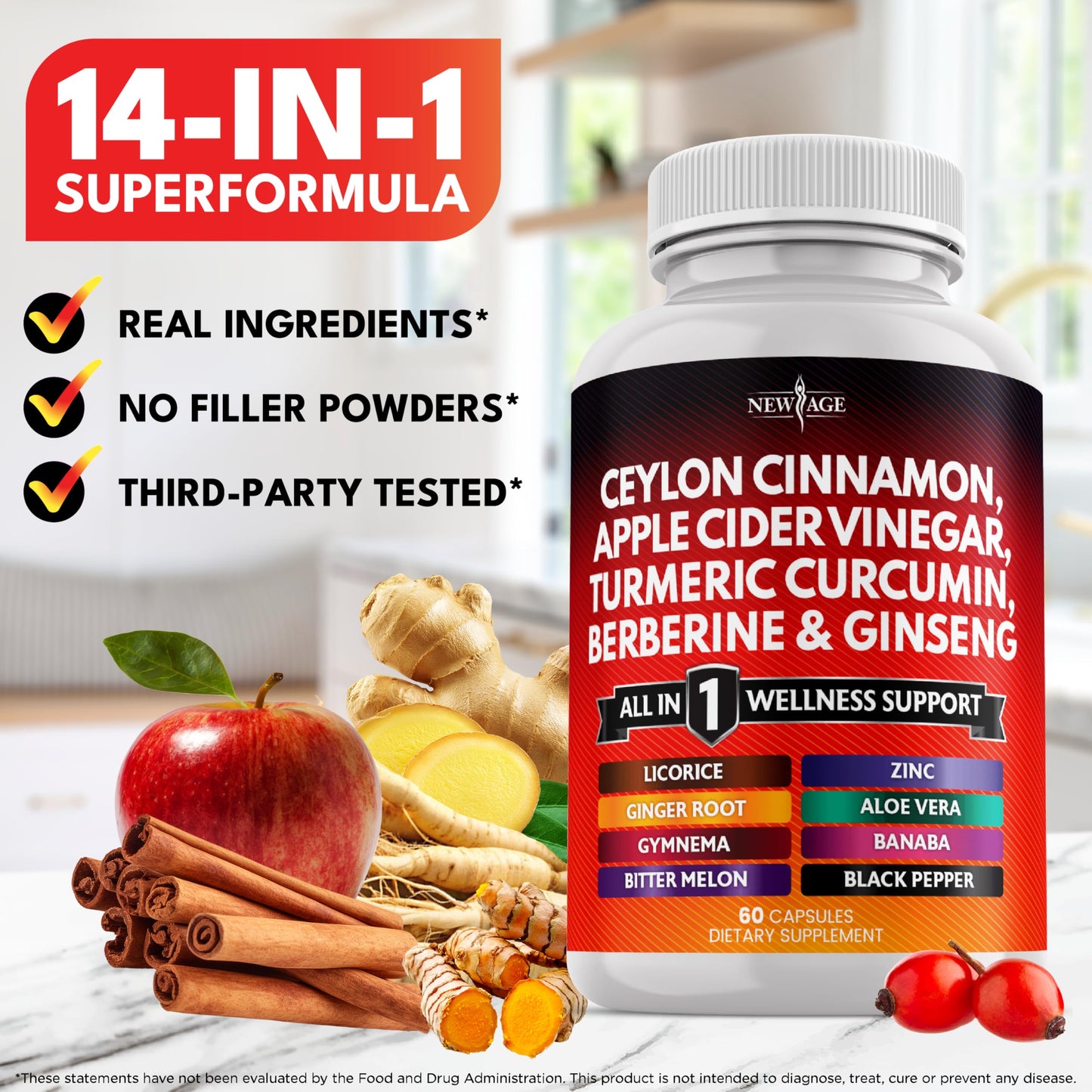 NEW AGE Ceylon Cinnamon Turmeric ACV Ginseng 14-in-1 Capsule – 180 Count