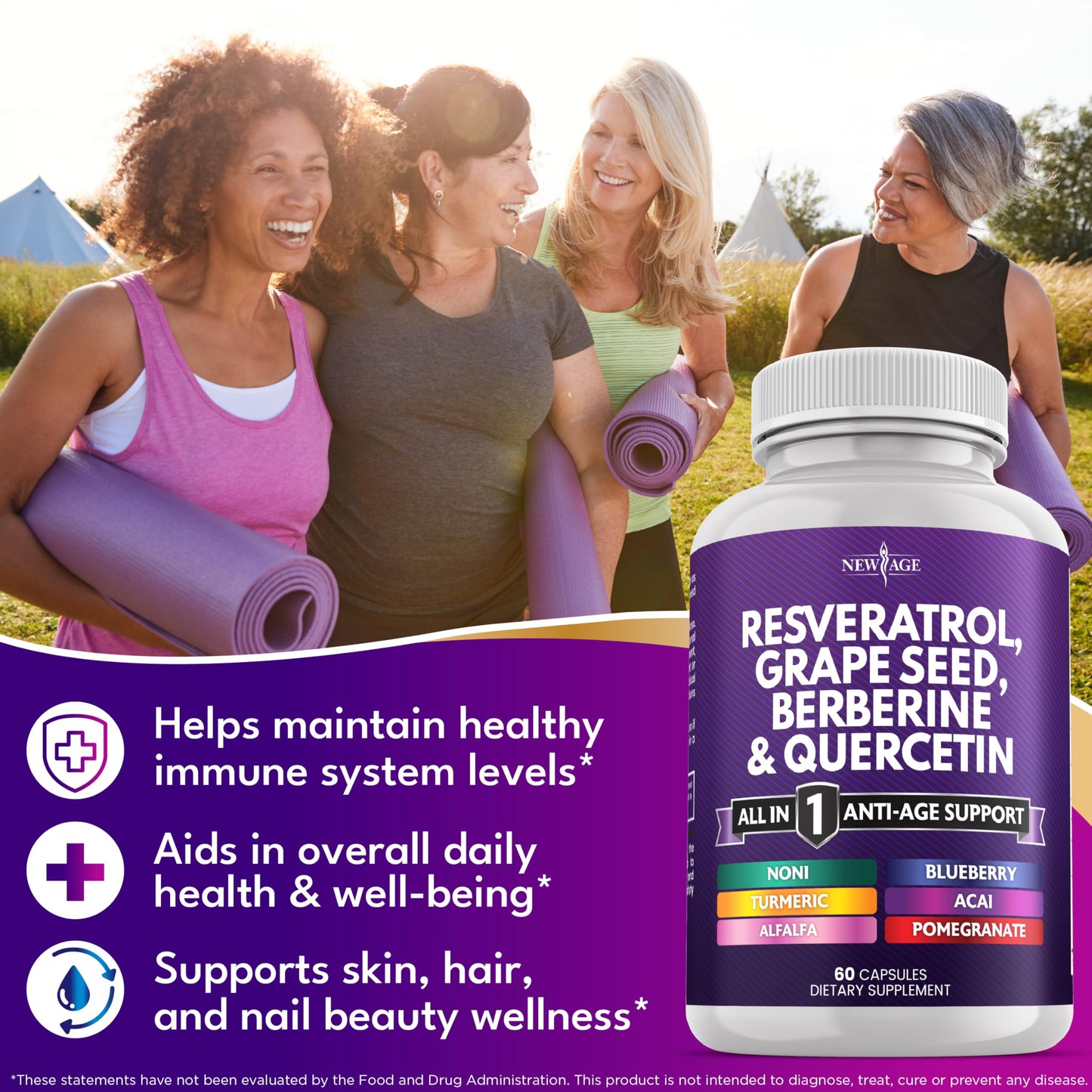 NEW AGE Resveratrol Berberine Grape Seed Polyphenol Supplement – 120 Capsules (Women & Men) with Noni, NAC & Acai