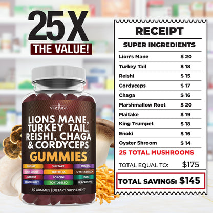 NEW AGE Mushroom Lion's Mane Gummies - 120 Count | Cognitive & Immune Support with Reishi & Cordyceps