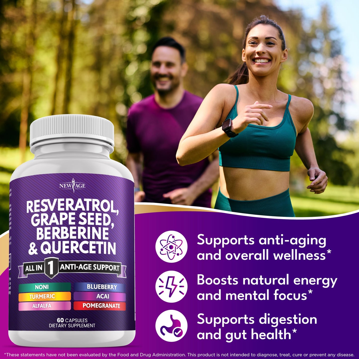 NEW AGE Resveratrol Berberine Grape Seed Polyphenol Supplement – 120 Capsules (Women & Men) with Noni, NAC & Acai