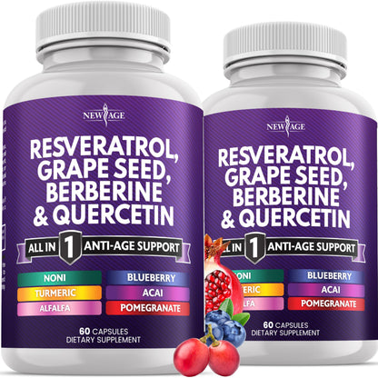 NEW AGE Resveratrol Berberine Grape Seed Polyphenol Supplement – 120 Capsules (Women & Men) with Noni, NAC & Acai