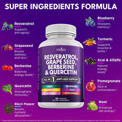 NEW AGE Resveratrol Berberine Grape Seed Polyphenol Supplement – 120 Capsules (Women & Men) with Noni, NAC & Acai