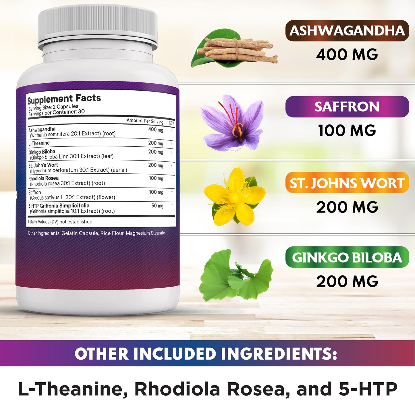 Saffron with Ashwagandha – L-Theanine, Ginkgo Biloba, Rhodiola Rosea, 5-HTP & St. John's Wort | 60 Count