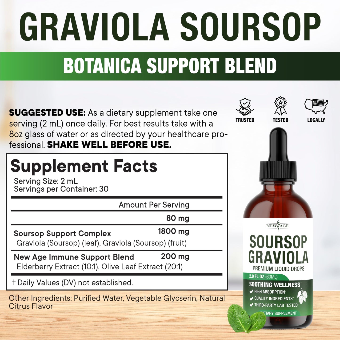 NEW AGE Soursop Drops - Soursop Bitters Liquid with Soursop Fruit and Leaves, Elderberry, Vitamin C and Olive Leaf - Multimineral & Vitamins Superfood - 2 oz