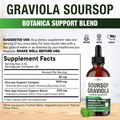 NEW AGE Soursop Drops - Soursop Bitters Liquid with Soursop Fruit and Leaves, Elderberry, Vitamin C and Olive Leaf - Multimineral & Vitamins Superfood - 2 oz