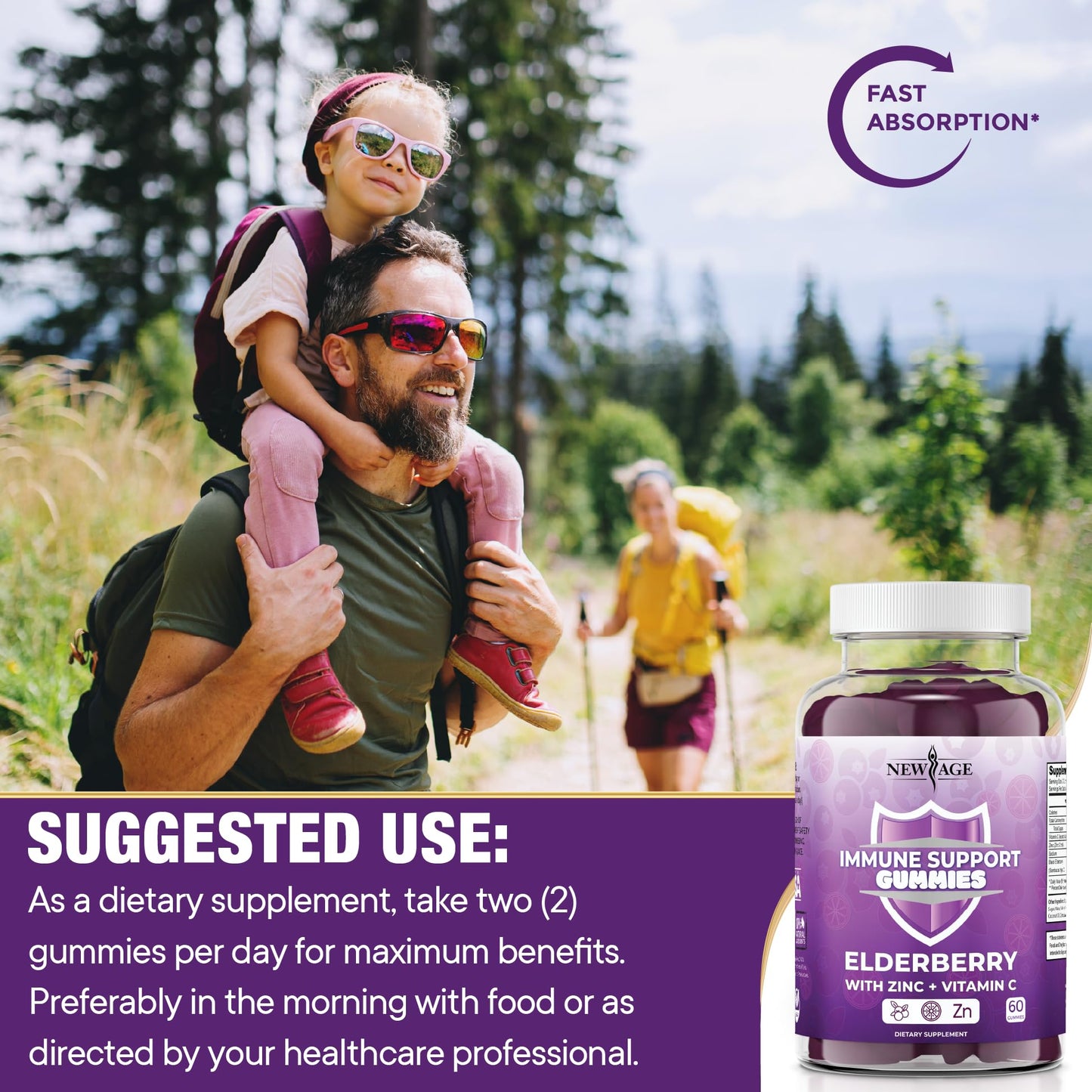 NEW AGE Immune Support Gummies – Sambucus Elderberry, Vitamin C & Zinc | 120 Gummies
