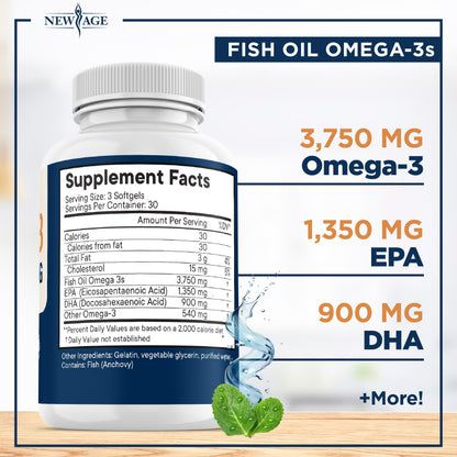 NEW AGE Triple Strength Omega 3 Fish Oil 3750 mg – 1350 mg EPA + 900 mg DHA | 270 Softgels