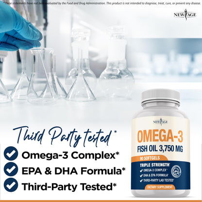 NEW AGE Triple Strength Omega 3 Fish Oil 3750 mg – 1350 mg EPA + 900 mg DHA | 270 Softgels