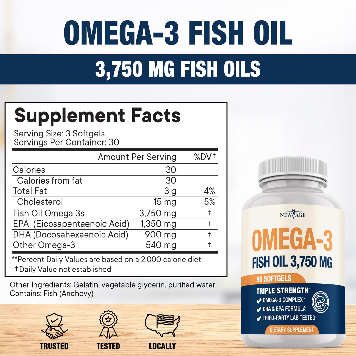 NEW AGE Triple Strength Omega 3 Fish Oil 3750 mg – 1350 mg EPA + 900 mg DHA | 270 Softgels