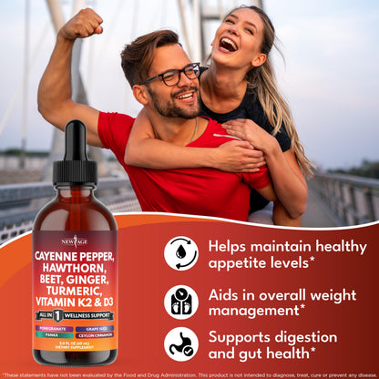 NEW AGE Cayenne Pepper Liquid Drops with Hawthorn Berry, D3 K2, Beet Root, Cinnamon, Turmeric, and Ginseng – 8 oz