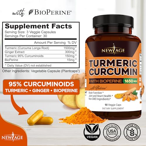 NEW AGE Turmeric Curcumin with Bioperine – 95% Curcuminoids, 90 Count, Non-GMO, Gluten Free