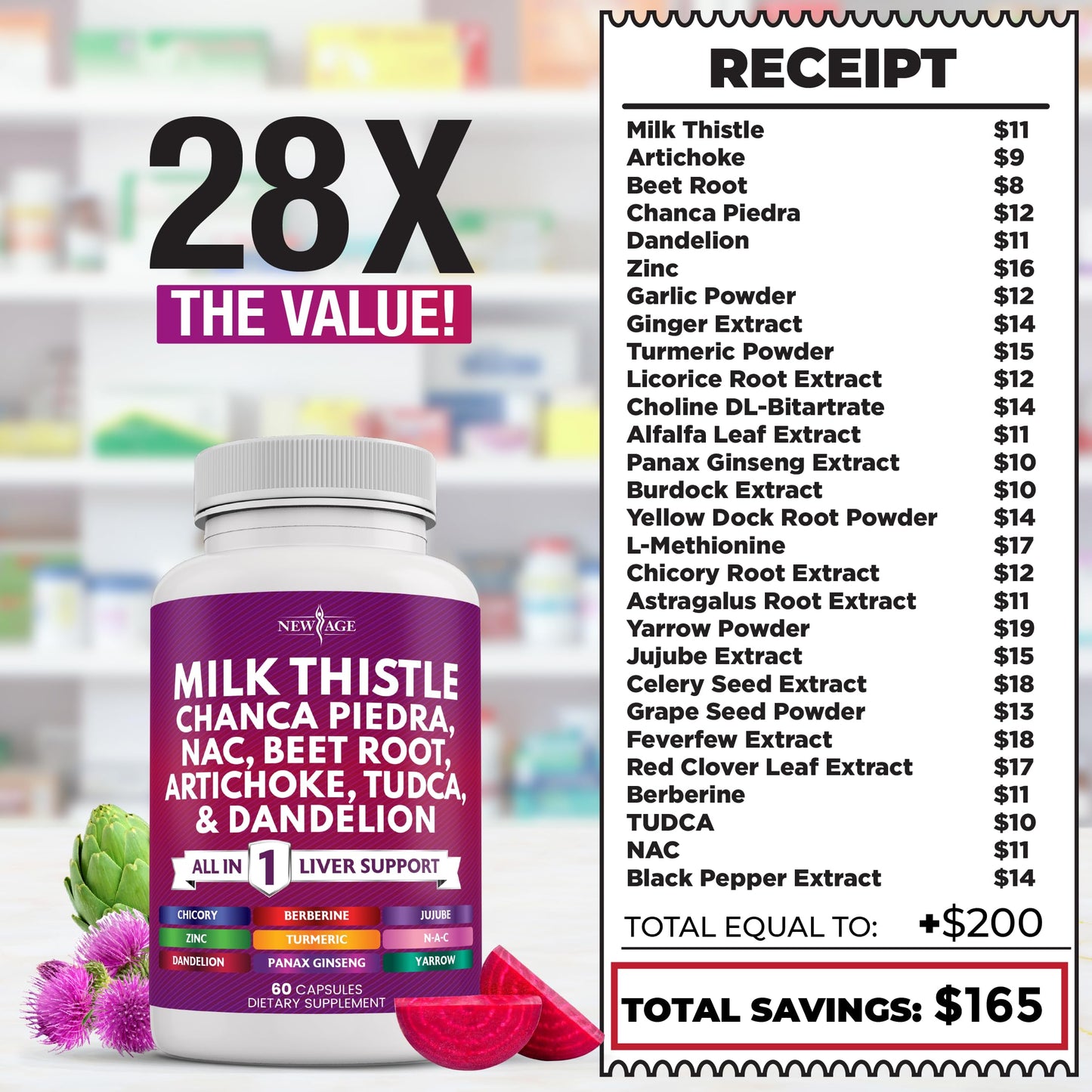 NEW AGE Liver Support – Milk Thistle, NAC, TUDCA, Chanca Piedra (60 Count)