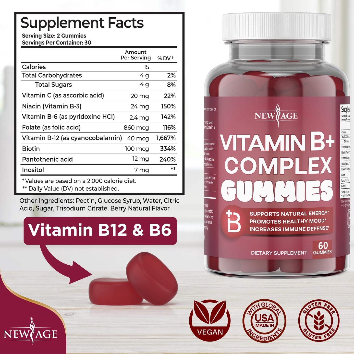 NEW AGE Vitamin B Complex Gummies – B3, B6, B12, Biotin, Folic Acid & Vitamin C | Gluten-Free, Vegan | Made in USA (120 Count Pack of 2)