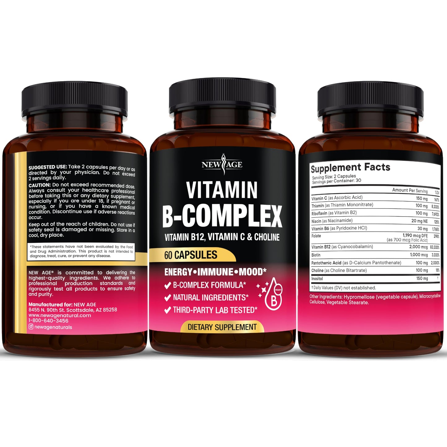 NEW AGE Vitamin B Complex for Men & Women — Made in USA, 180 Vegan Capsules