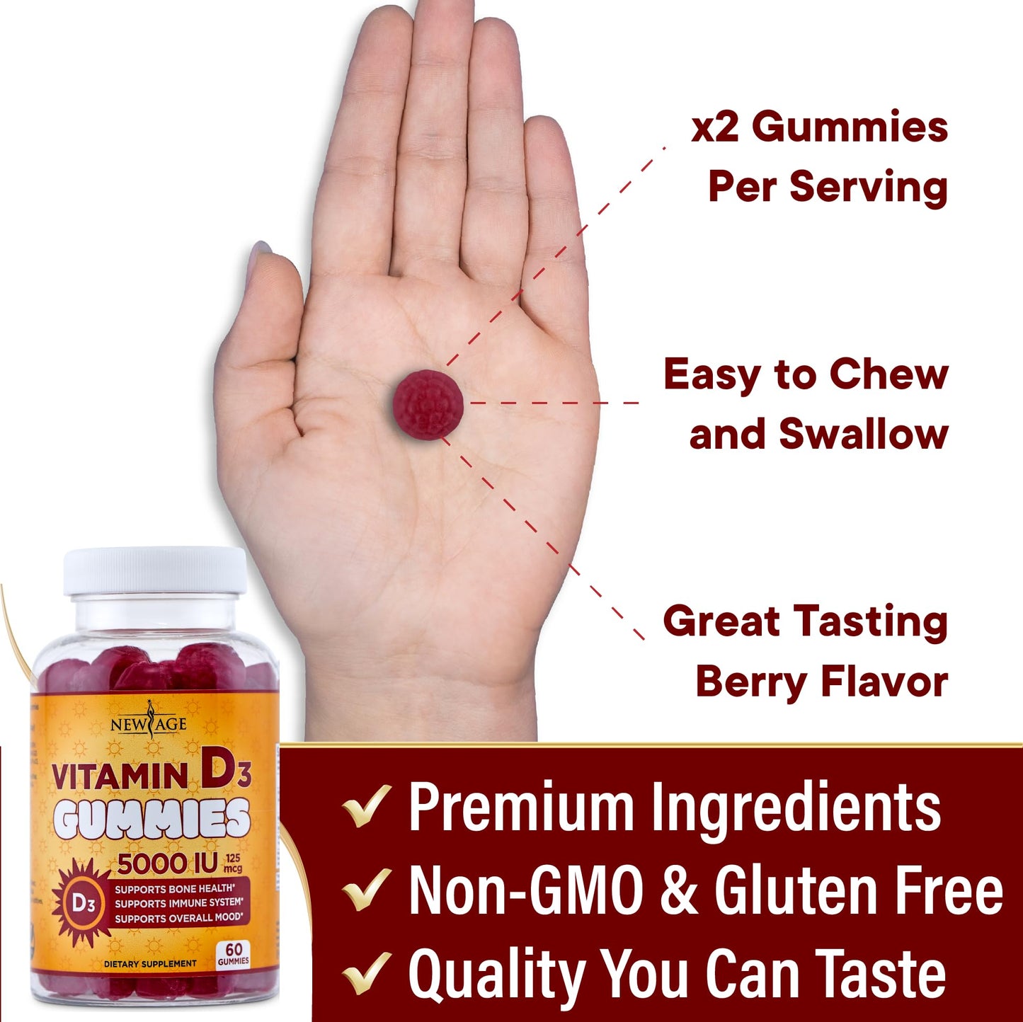 NEW AGE Vitamin D3 5000 IU Gummies – Immune & Bone Health, Non-GMO