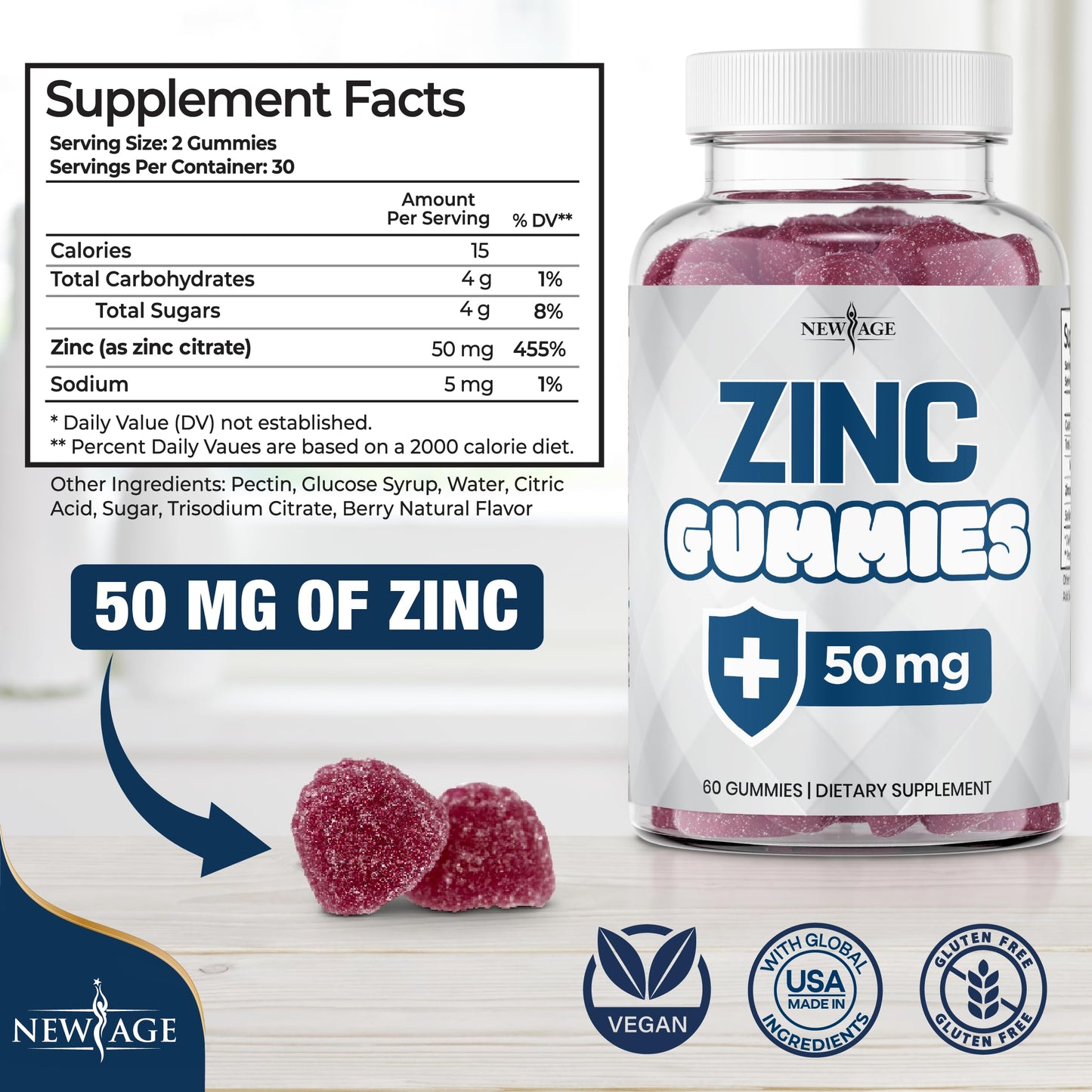 NEW AGE Zinc Gummies 2 Pack - 50mg Zinc Immune Support, Non-GMO | 120 Count