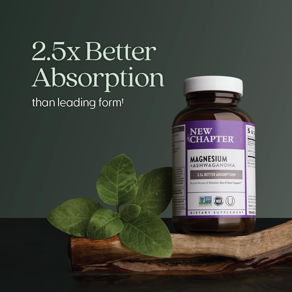 New Chapter Magnesium Glycinate + Ashwagandha Supplement 325 mg – 2.5x Absorption, Non-GMO, 30 ct