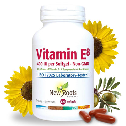 NEW ROOTS HERBAL Vitamin E 400 IU Capsules — 8 Active Forms (Tocopherols & Tocotrienols) | 120 Softgels
